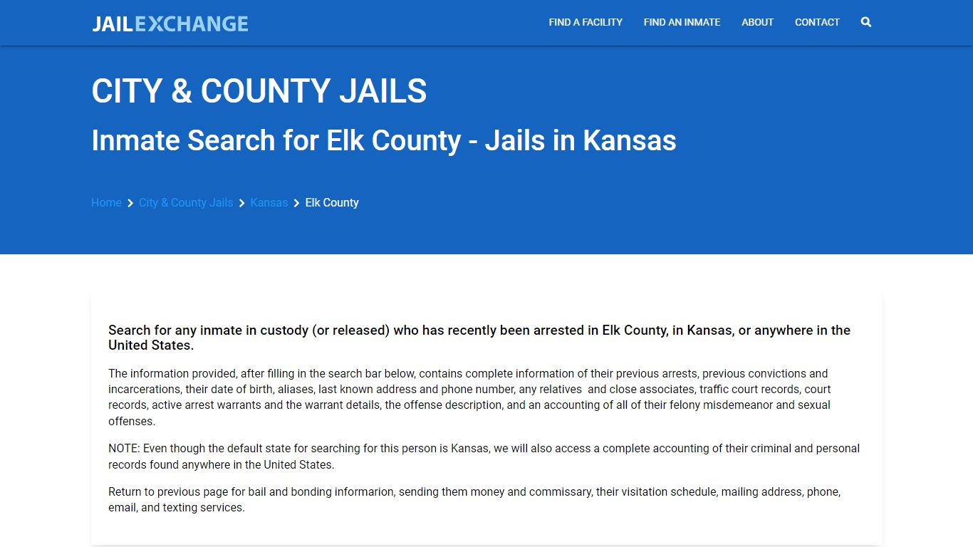 Locate an inmate in Elk County, Kansas - Jail Exchange